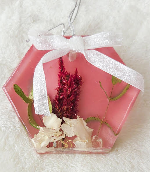 Hexagon Ornament - Red Amaranth/ White Hydrangeas